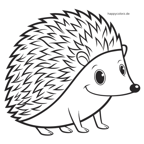 Ein Igel im Cartoon-Stil mit großen Augen, lächelndem Gesicht und vielen deutlichen Stacheln als einfache Schwarz-Weiß-Kontur.