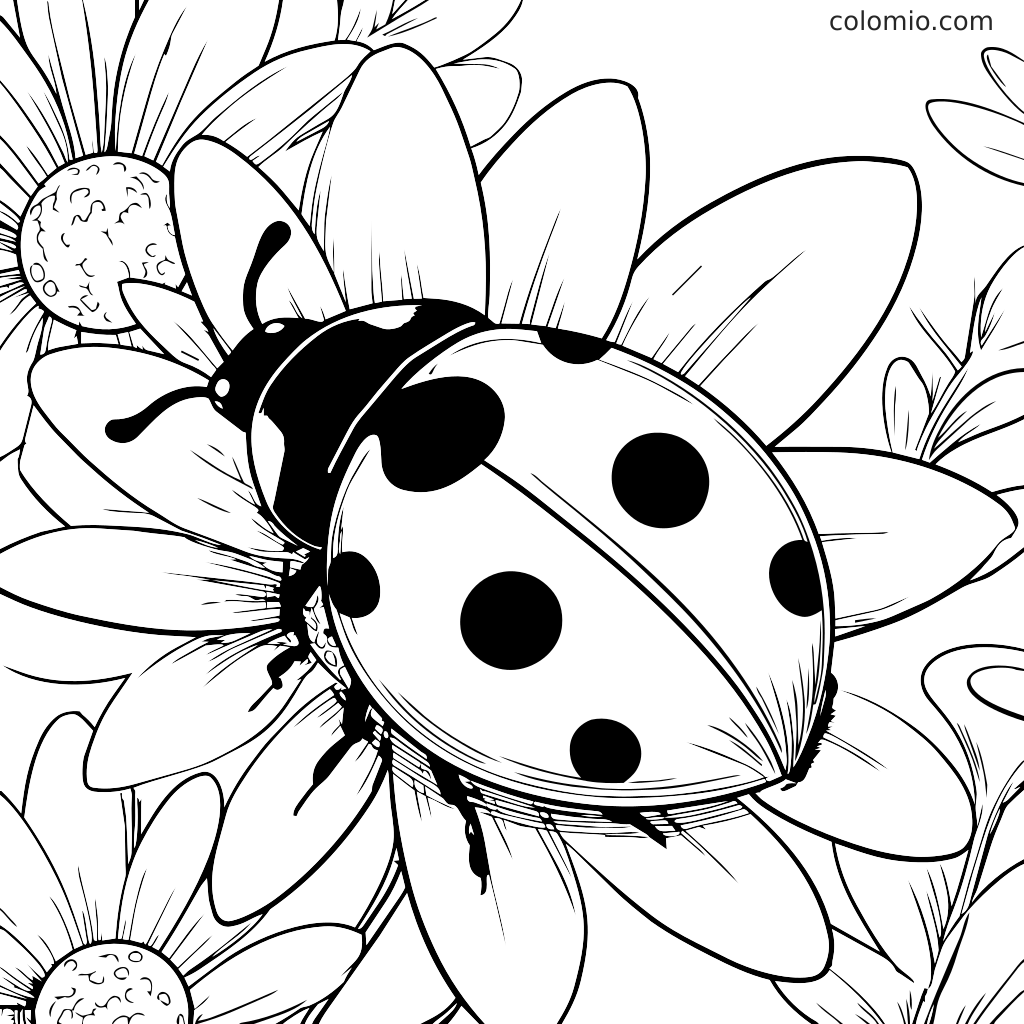 Ein Ausmalbild mit einem Marienkäfer auf einer Gänseblümchenblüte, ideal für Kinderaktivitäten.