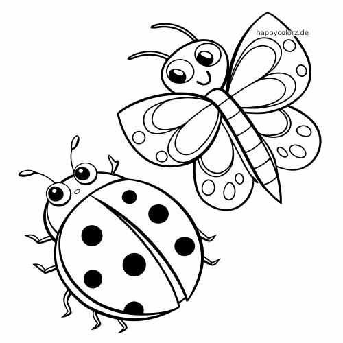 Ein Marienkäfer mit großen Augen steht neben einem lächelnden Schmetterling in kräftigen schwarzen Umrisslinien.