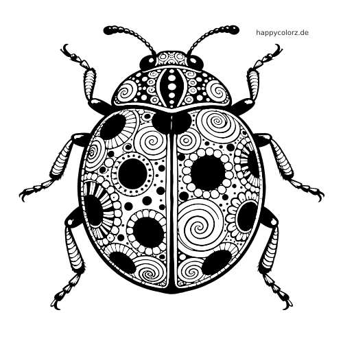 Schwarz-weißer Marienkäfer in Draufsicht, gefüllt mit detailreichen Zentangle-Mustern aus Spiralen, Punkten und Kreisen.