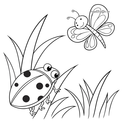 Ein Marienkäfer klettert auf einem Grashalm, während darüber ein lächelnder Schmetterling in einer klaren Schwarz-Weiß-Zeichnung fliegt.