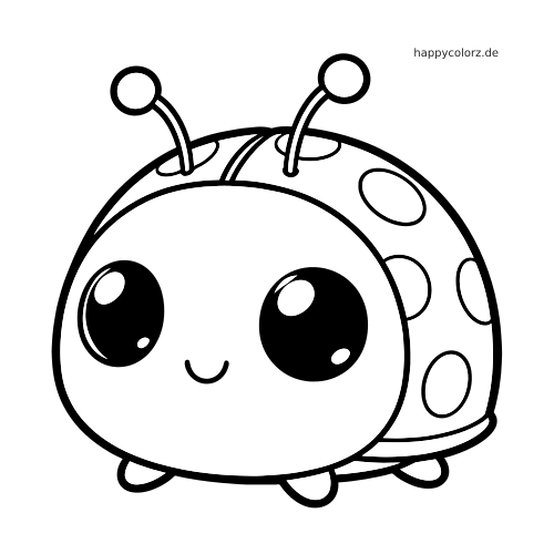 Ein kawaii Marienkäfer im Cartoonstil mit großen glänzenden Augen, runden Fühlern, gepunkteten Flügeln und lächelndem Gesicht.