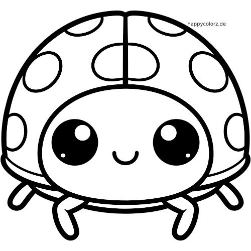Ein Kawaii-Marienkäfer in Nahaufnahme von vorn mit großen runden Augen, lächelndem Gesicht und gepunkteten Flügeln.