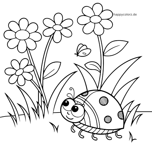 Ein Marienkäfer mit großen Augen läuft zwischen hohen Blumen, Gräsern und einem kleinen Schmetterling im Garten.