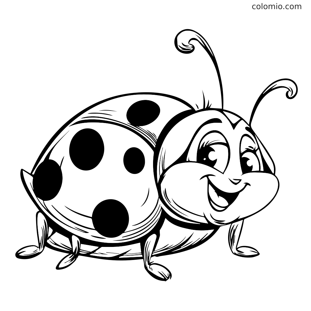 Niedliche Marienkäfer Ausmalbild für Kinder Ein fröhlicher Cartoon-Marienkäfer mit großen Augen und Punkten, perfekt zum Ausmalen.