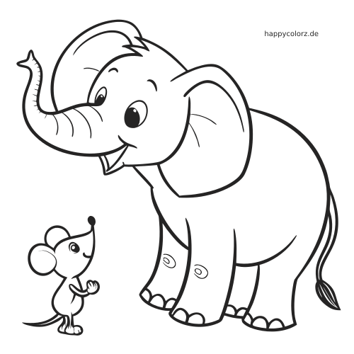 Ein Elefant mit erhobenem Rüssel steht neben einer kleinen Maus in einer klaren schwarz-weißen Umrisszeichnung.