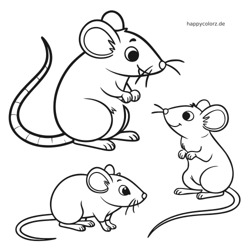 Eine Mäusefamilie im Cartoon-Stil mit drei Mäusen in einfachen schwarzen Umrissen: eine große Maus und zwei kleinere Mäuse.