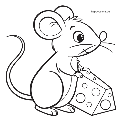 Eine gezeichnete Maus in Seitenansicht hält ein großes Stück Käse, dargestellt mit klaren schwarzen Umrissen.