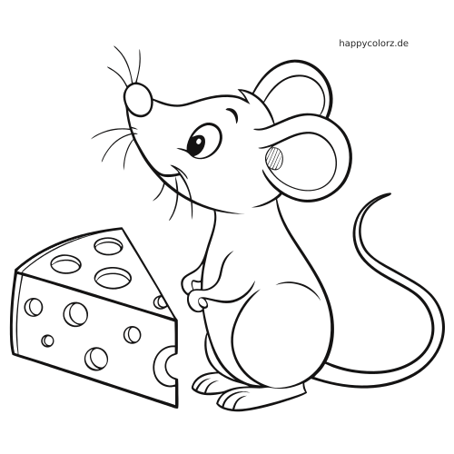 Eine gezeichnete Maus sitzt neben einem großen Stück Käse, dargestellt mit einfachen schwarzen Umrissen zum Ausmalen.