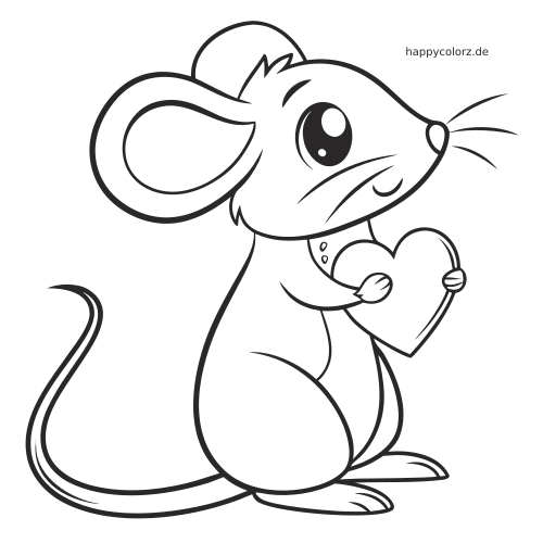 Eine Maus in Seitenansicht hält ein Herz vor der Brust, gezeichnet als klare Cartoon-Kontur zum Ausmalen.