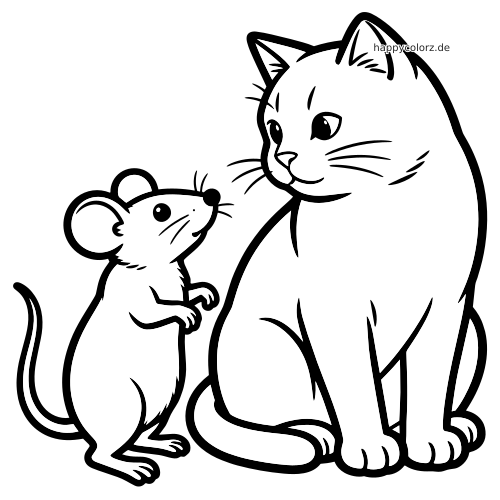 Eine kleine Maus steht neben einer großen sitzenden Katze, beide schauen sich in einer einfachen schwarz-weißen Umrisszeichnung an.
