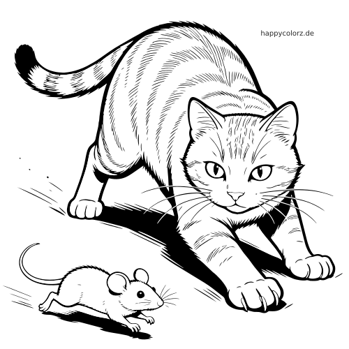 Eine detailreiche Schwarz-Weiß-Zeichnung zeigt eine geduckte Katze, die am Boden eine kleine Maus jagt.