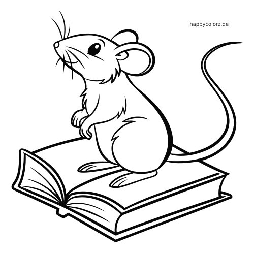 Eine detailreich gezeichnete Maus sitzt aufrecht auf einem dicken aufgeschlagenen Buch, dargestellt in klaren schwarzen Umrisslinien.