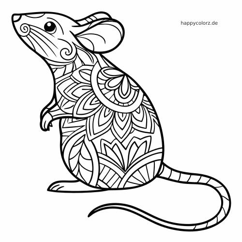 Eine stehende Maus im Seitenprofil mit detailreichen Zentangle- und Blumenmustern auf dem Körper und langem, gebogenem Schwanz.