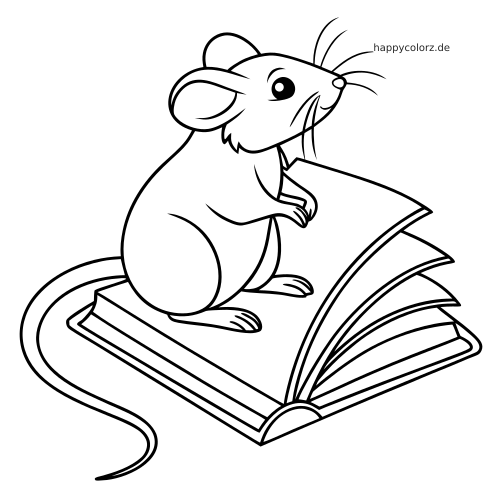 Eine einfache gezeichnete Maus sitzt auf einem offenen Buch mit großen Seiten und langem Schwanz in klaren schwarzen Umrissen.