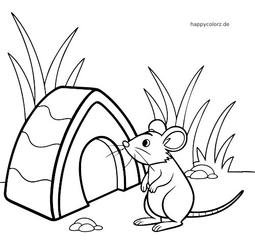 Eine einfache gezeichnete Maus steht neben einem runden Mauseloch, mit Grasbüscheln und kleinen Steinen im Hintergrund.