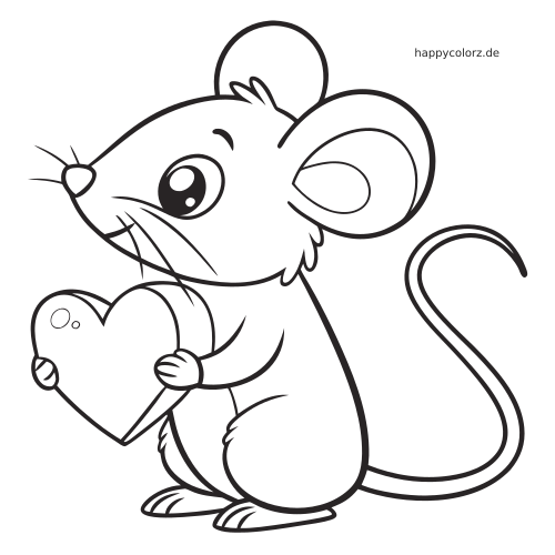 Eine Kawaii-Maus mit großen Augen hält ein Herz in den Pfoten, als einfache Cartoon-Linienzeichnung zum Ausmalen.
