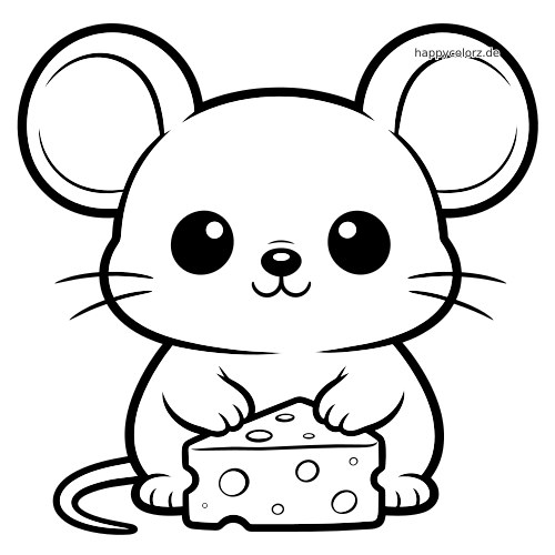 Eine Kawaii-Maus mit großen runden Ohren und großen Augen hält ein Stück Käse im einfachen Comicstil.