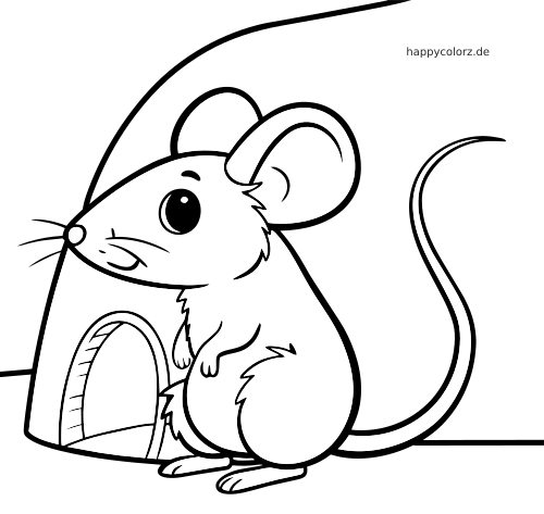 Eine Maus im Comicstil sitzt nah am Eingang eines Mauselochs, gezeichnet in kräftigen schwarzen Linien mit langem, gebogenem Schwanz.