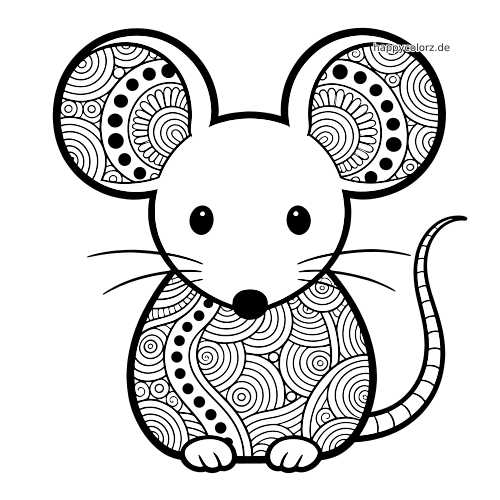 Eine Maus in Vorderansicht mit großen gemusterten Ohren, einfachem Gesicht und Zentangle-Mustern aus Kreisen und Punkten am Körper.