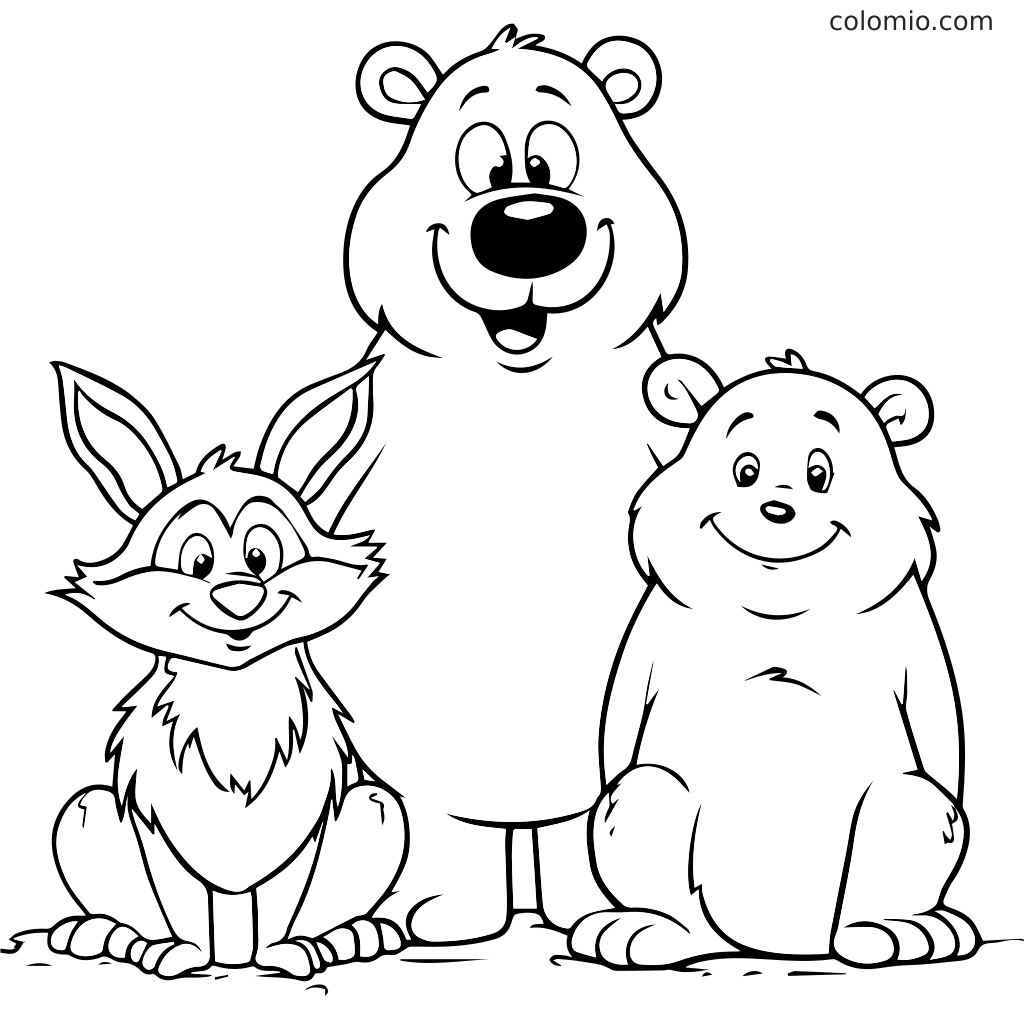 Niedliche Bären- und Hasenfreunde Malvorlage für Kinder Malvorlage mit einem lächelnden Bären und einem Hasen, ideal für Kinder.