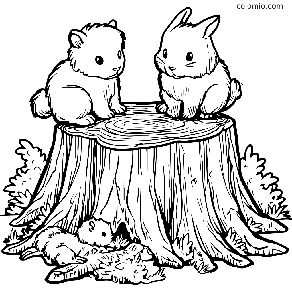 Ein Ausmalbild mit einem Hasen und einem Meerschweinchen auf einem Baumstumpf, umgeben von Grün.