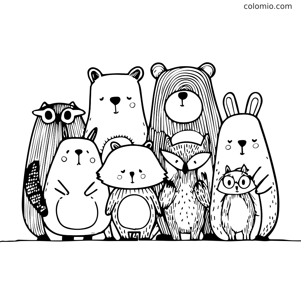 Ein Ausmalbild mit einer Gruppe niedlicher Cartoon-Tiere, darunter ein Bär, ein Kaninchen, eine Eule und ein Waschbär, perfekt für Kinder.