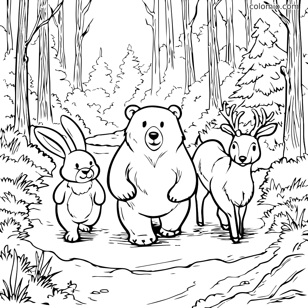 Eine Malvorlage mit einem Hasen, einem Bären und einem Reh, die gemeinsam in einer Waldszene spazieren.