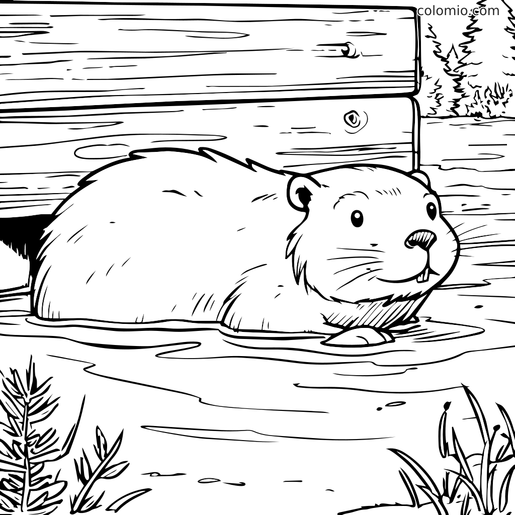 Ein Biber, der am Wasser ruht, nahe einer Holzstruktur