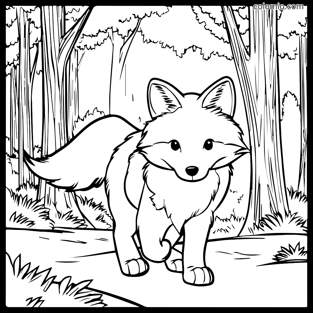 Ein niedlicher Fuchs, der auf einem Pfad im Wald geht, umgeben von Bäumen und Gras.