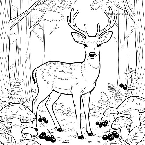 Ein detailreicher Hirsch mit großem Geweih steht im Wald zwischen Pilzen, Beeren, hohen Bäumen und Blättern.