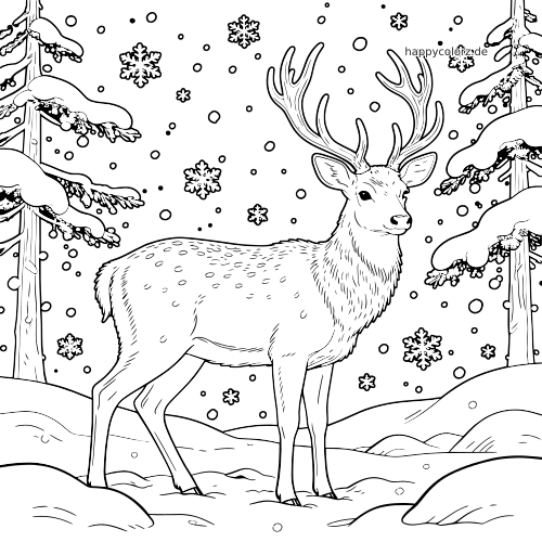 Ein detailreicher Hirsch mit großem Geweih steht in einem verschneiten Wald zwischen Tannenästen und fallenden Schneeflocken.