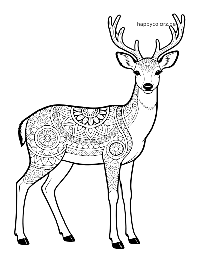 Ein stehender Hirsch mit großem Geweih, frontal dargestellt, mit detailreichen Zentangle- und Mandala-Mustern auf dem Körper.