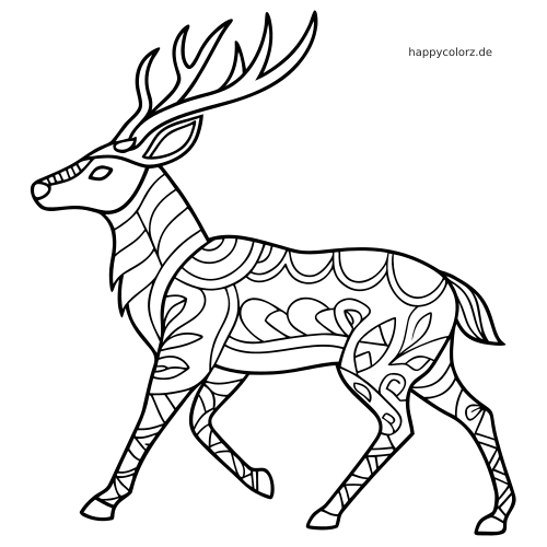 Ein Hirsch in Seitenansicht mit großem Geweih und einfachen Zentangle-Mustern auf Körper und Beinen.