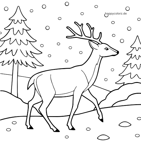 Ein einfacher Hirsch mit Geweih steht im fallenden Schnee zwischen Tannen in einer winterlichen Schneelandschaft.