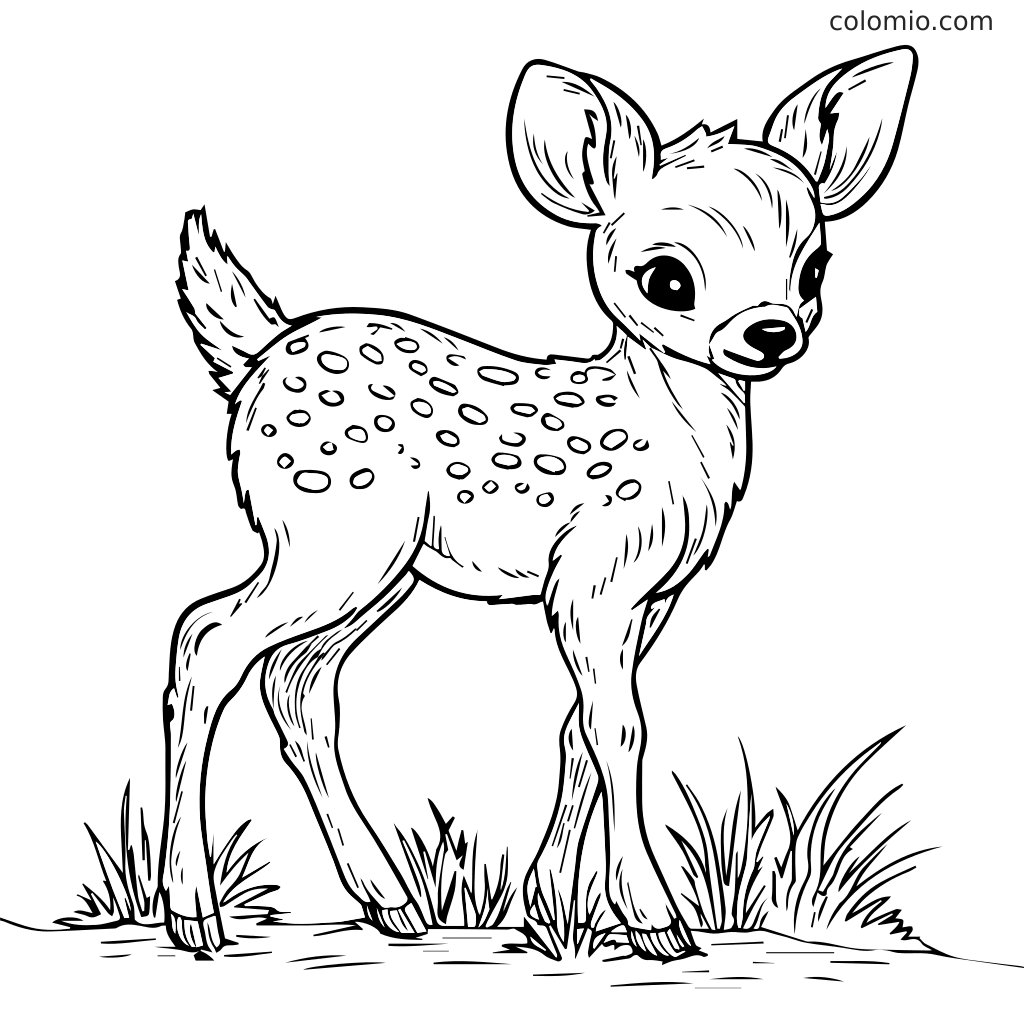 Ein niedlicher Babyhirsch steht im Gras, gestaltet für Malaktivitäten.