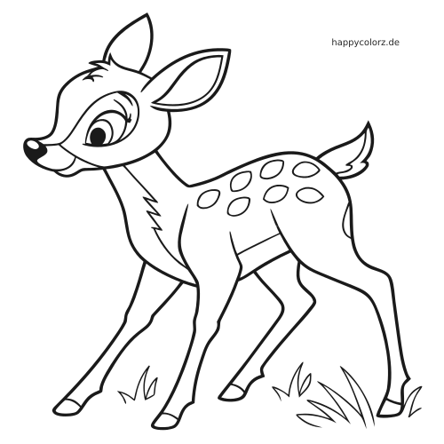 Ein Rehkitz im Bambi-Stil mit großen Augen, Flecken auf dem Rücken und kleinen Grasbüscheln an den Füßen.