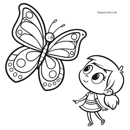 Ein Mädchen mit Pferdeschwanz schaut zu einem großen Schmetterling mit gemusterten Flügeln in einer einfachen Schwarz-Weiß-Zeichnung hoch.