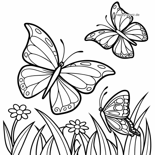 Drei Schmetterlinge fliegen über hohem Gras und einfachen Blumen in einer Gartenszene mit kräftigen schwarzen Umrissen.