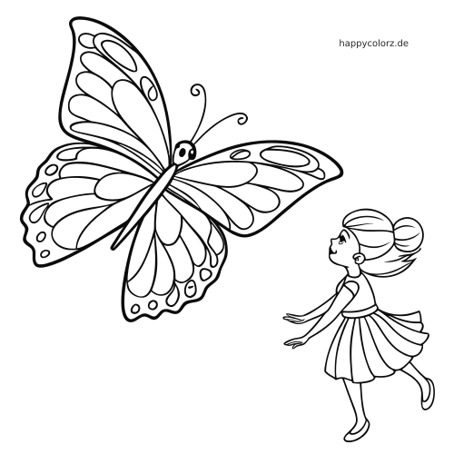 Ein großer gemusterter Schmetterling fliegt neben einem Feenmädchen im Kleid, gezeichnet als einfache schwarze Umrisszeichnung.