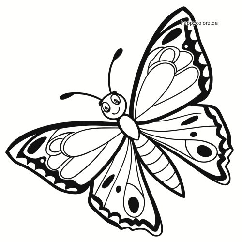 Ein lächelnder Schwalbenschwanz-Schmetterling mit geöffneten Flügeln, runden Formen und dekorativen Flecken und Mustern.