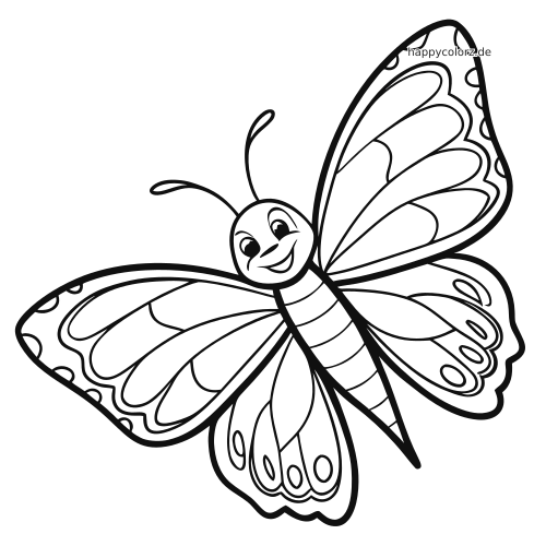 Ein lächelnder Kawaii-Schmetterling mit großen, gemusterten Flügeln in einer einfachen Cartoon-Kontur zum Ausmalen.