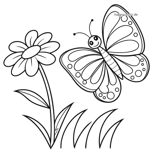 Ein lächelnder Schmetterling mit gemusterten Flügeln fliegt neben einer großen Blume und Grashalmen in einer einfachen Schwarz-Weiß-Zeichnung.