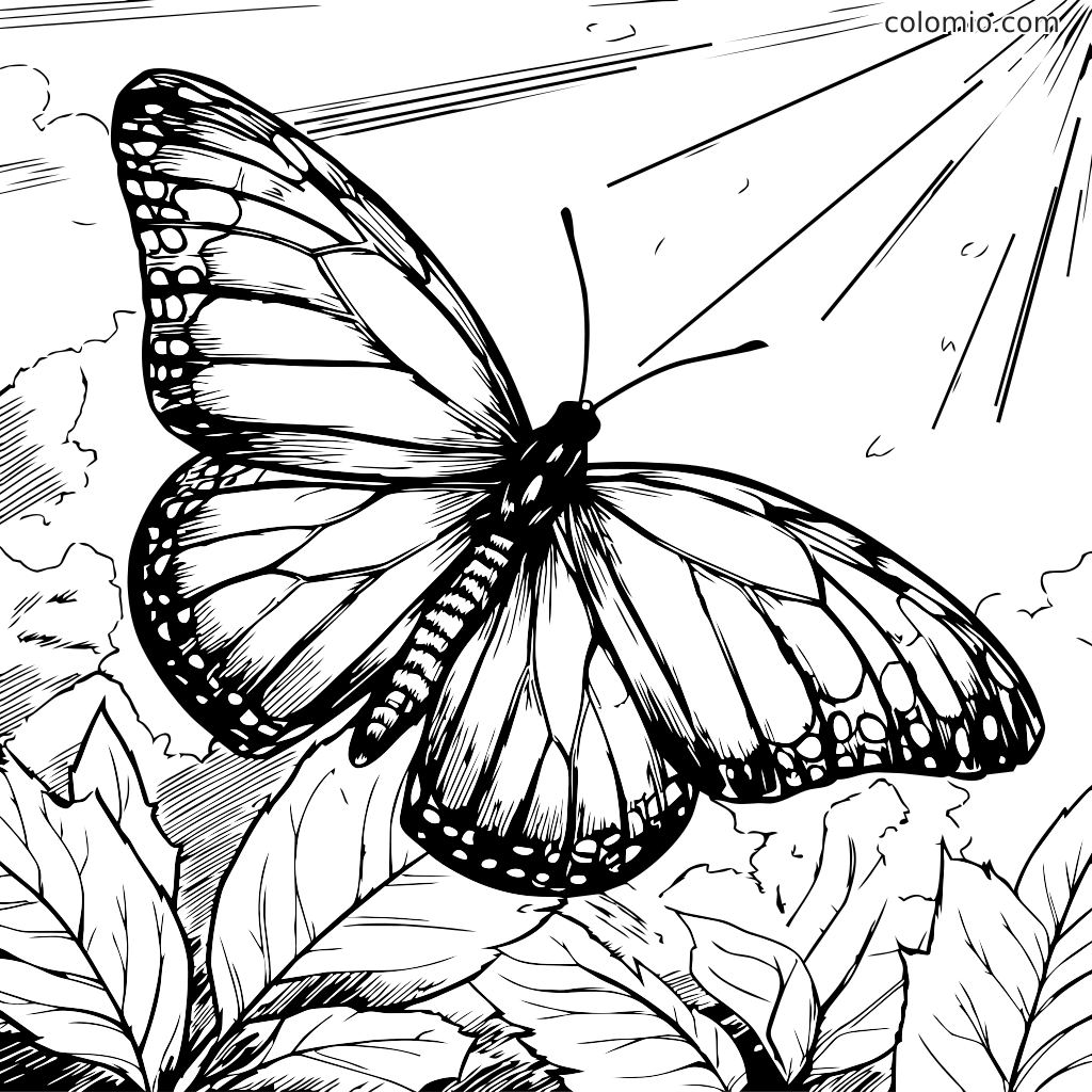 Schwarz-weiß Malvorlage mit einem Schmetterling zwischen Blättern und Sonnenlicht.