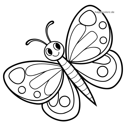 Ein sehr einfacher Schmetterling mit lächelndem Gesicht, großen Augen und runden Flecken auf den Flügeln in dicken schwarzen Umrissen.