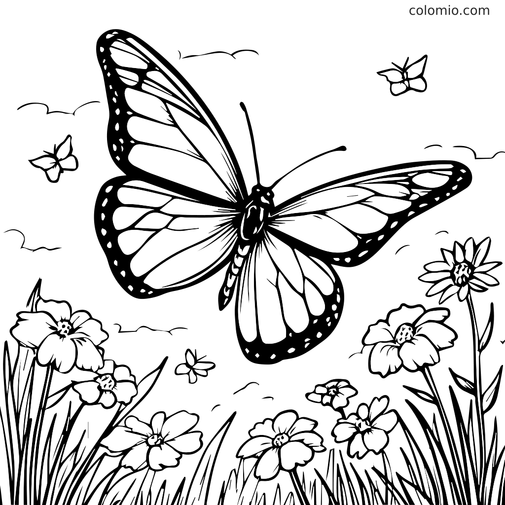 Schöne Schmetterling über Blumen Malvorlage Eine detaillierte Schwarz-Weiß-Malvorlage mit einem Schmetterling, der über Blumen und Gras fliegt.