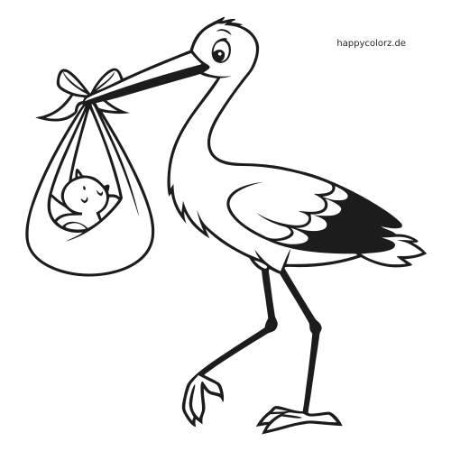 Ein Comic-Storch trägt ein Baby in einem zugebundenen Tuchbündel mit Schleife und ist dabei von der Seite zu sehen.