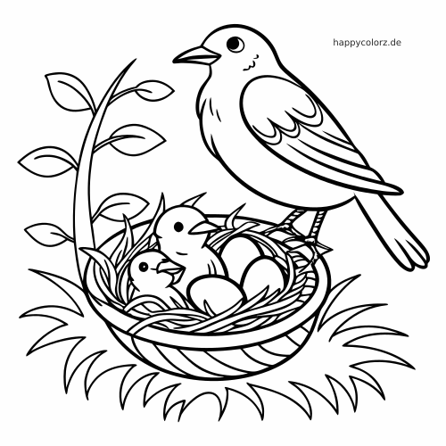 Nahaufnahme eines Vogels auf einem Nest mit Eiern und zwei Küken neben einer Pflanze als einfache Umrisszeichnung.