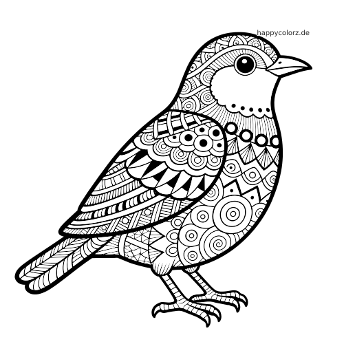 Schwarz-weiße Seitenansicht eines detaillierten Zentangle-Singvogels mit dichten kreisförmigen und geometrischen Mustern im Gefieder.
