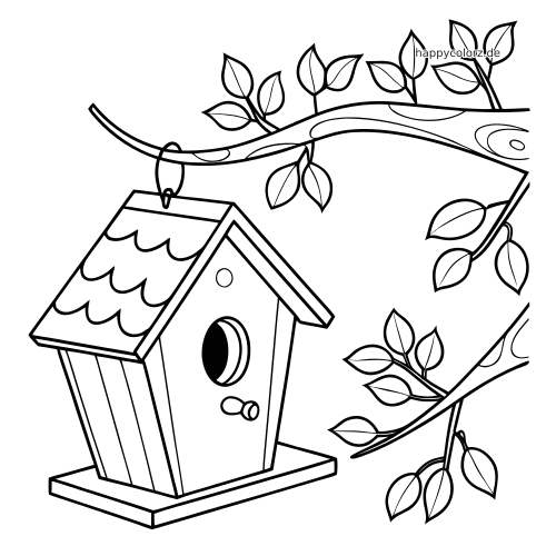 Ein detailliertes Vogelhaus mit geschwungenem Dach hängt an einem Ast mit Blättern als Schwarz-Weiß-Linienzeichnung.